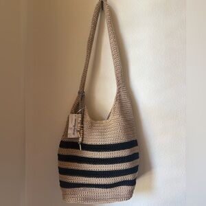 Tommy bahama Beige & Black Striped Crochet Shoulder Bag